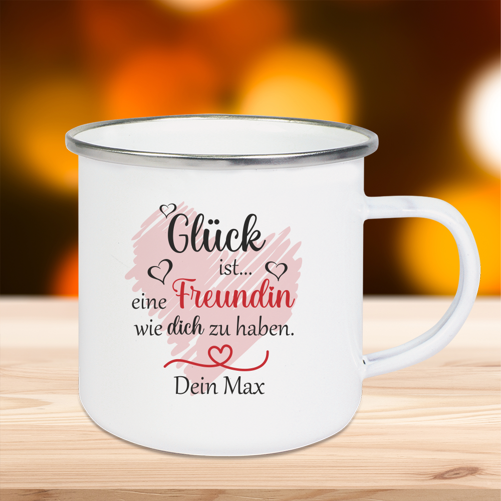 Personalisierte Tasse Emaille Glück ist... Freundin  - Onlineshop Trendgravur
