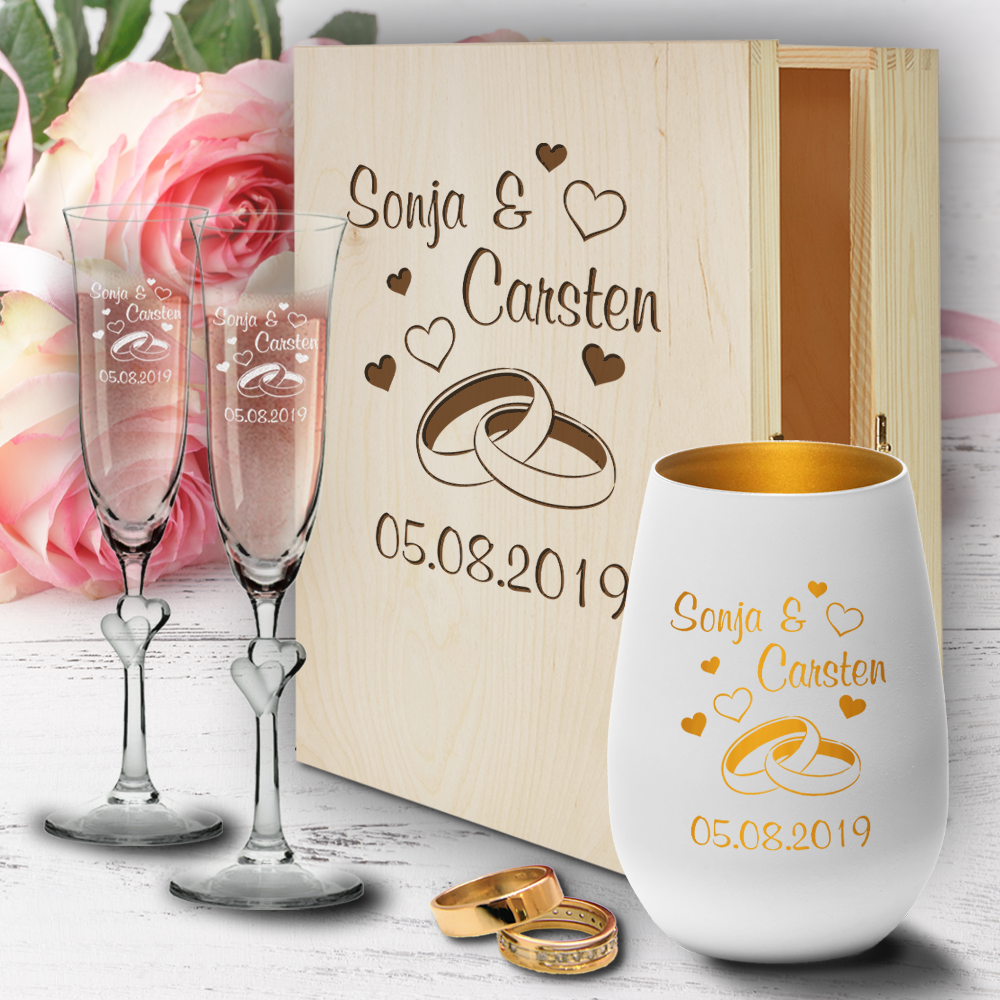 personalisierte Geschenkbox zur Hochzeit Sektgläser Herzen und...  - Onlineshop Trendgravur