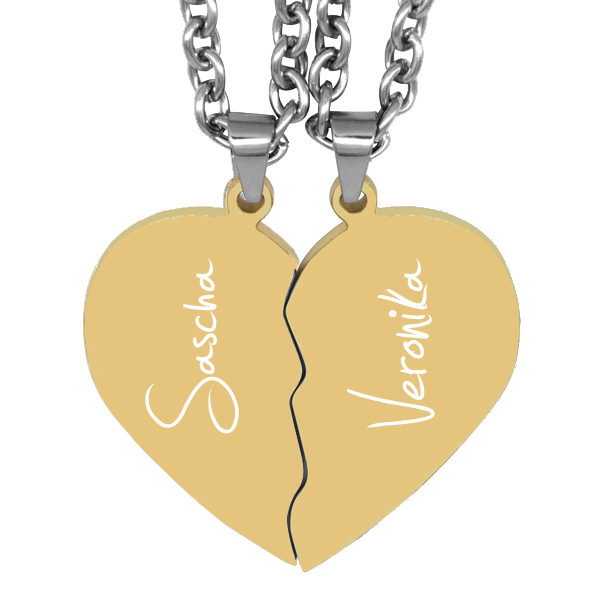 Partner-Anhänger mit Gravur geteilte Herzen gold