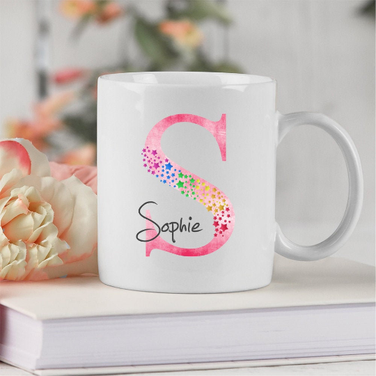 Tasse Buchstabentasse Initial Sterne mit Wunschnamen rosa