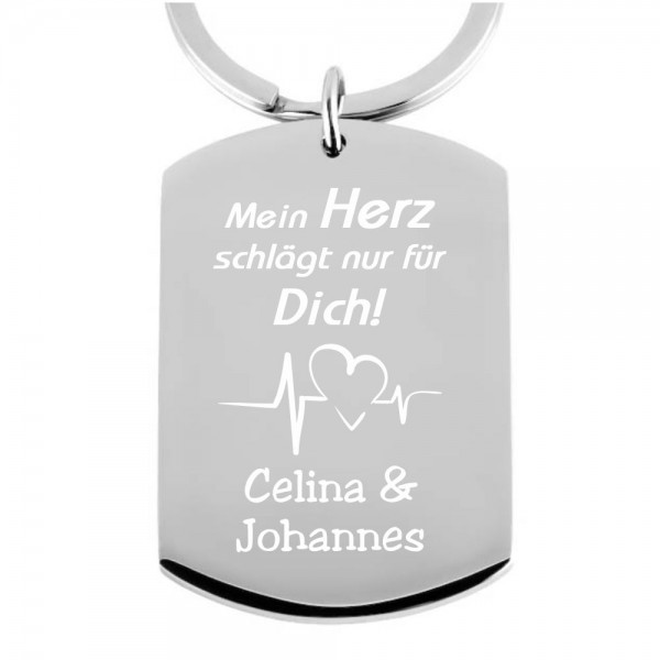 Edelstahl-Schlüsselanhänger Dog-Tag Heartbeat mit Wunschnamen