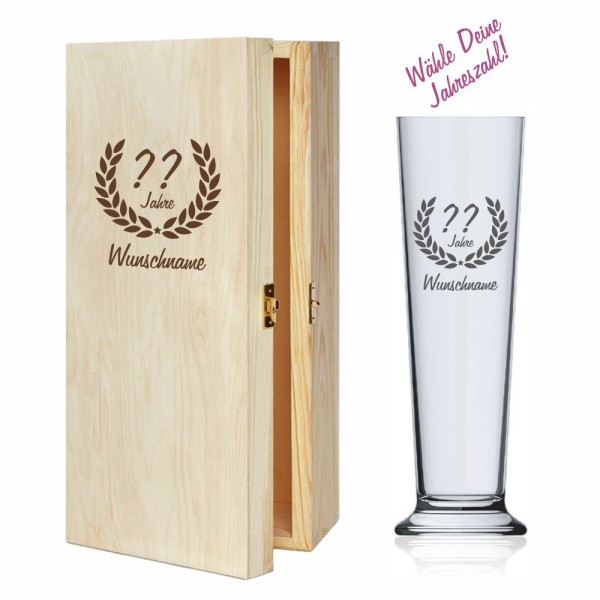 Bierstange / Bierglas mit Deinem Wunschjahr und Wunschnamen optional mit Geschenkbox aus Holz