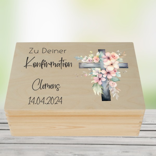 personalisierte Erinnerungsbox aus Holz zur Konfirmation Blumenkreuz - mit Wunschdaten-Copy