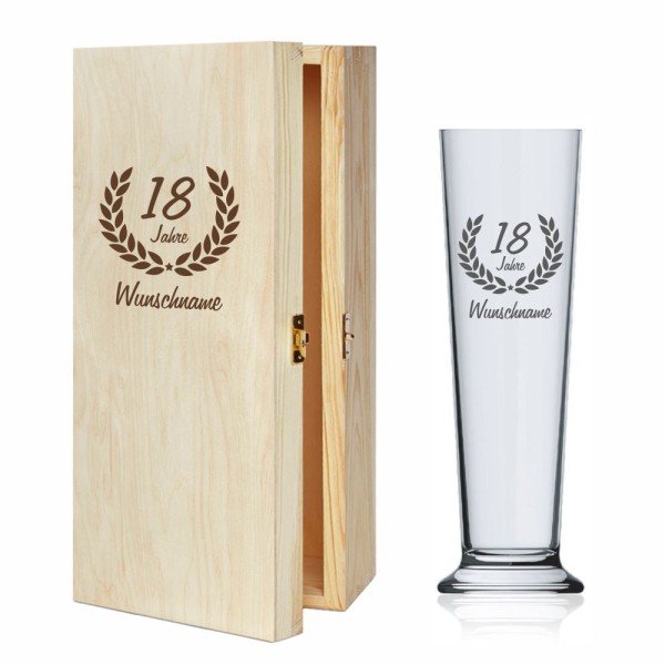 Bierstange / Bierglas zum 18 Geburtstag optional mit Geschenkbox aus Holz