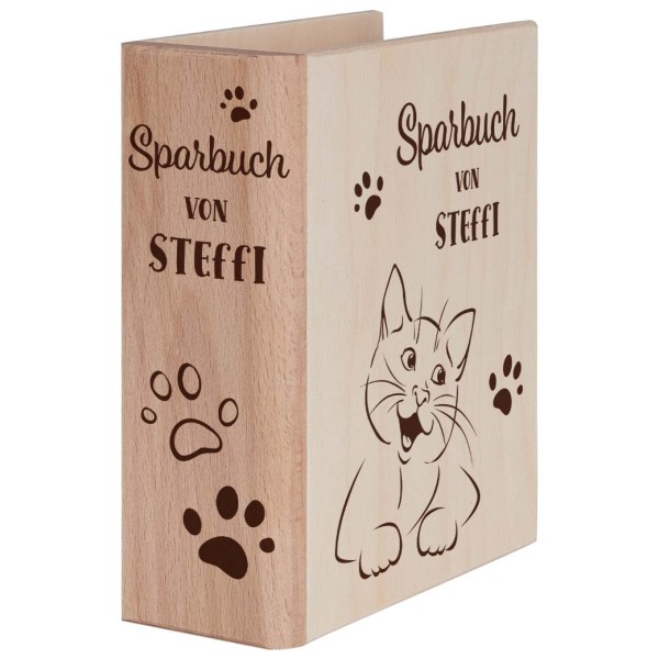 Spardose Sparbuch Holz für Kinder Katze