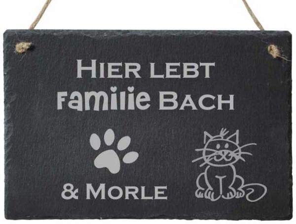 Türschild aus Schiefer mit Deinem Wunschnamen Familie &amp; Katze