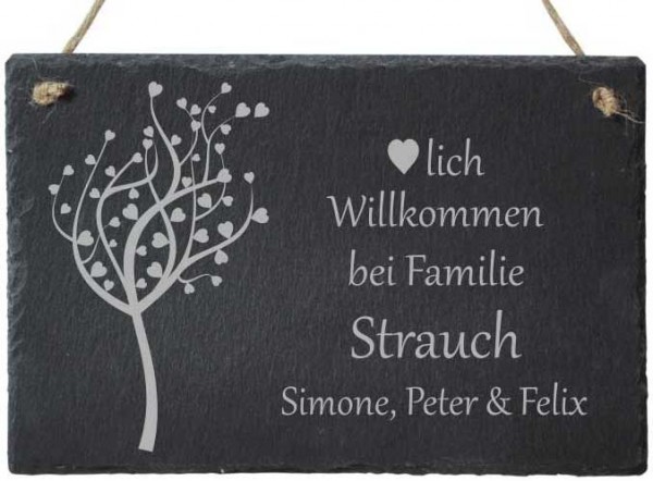 Haustür-Schild Schiefer mit Namensgravur Familienbaum Herzen