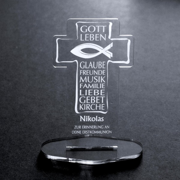 Acryl-Kreuz mit Deiner Namensgravur "Zur Erstkommunion"
